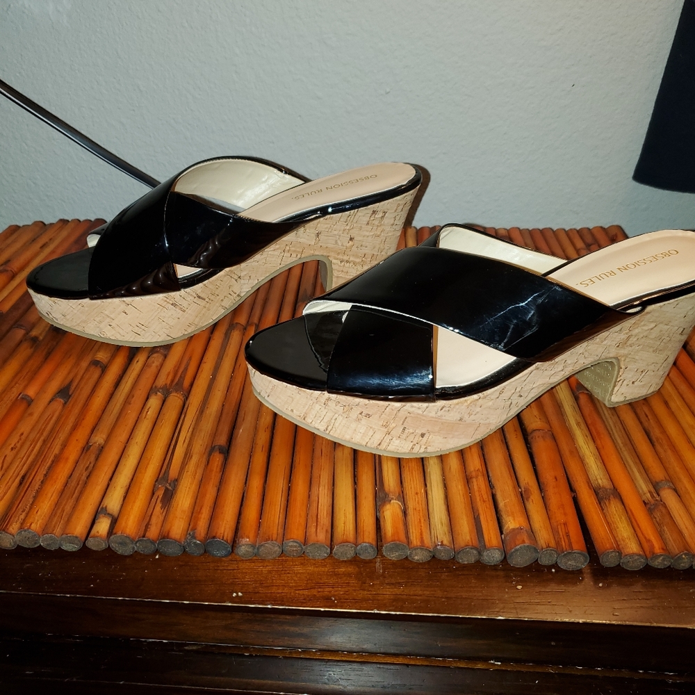 Black Davina Patent Leather Cork Platform Sandal Size 8
